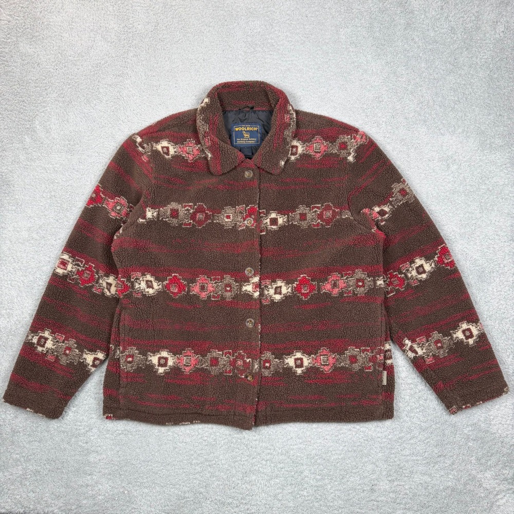 Woolrich‎ Womens XL Southwestern Fleece Jacket Brown Burgundy Button Front Lined